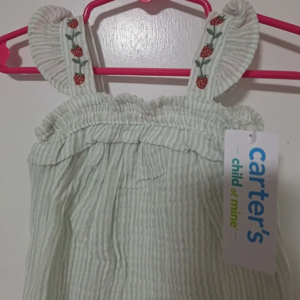 Carter's‎ Girls 3-6M Green/White Striped Seersucker Romper Sleeveless